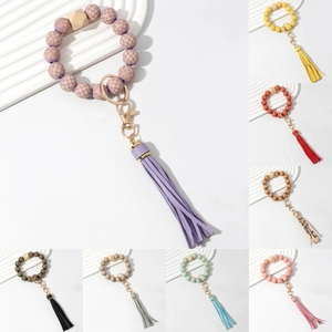 Checkerboard Wooden Bead Tassel Keychain Bracelet Bangle Wristlet Key Ring For Women Car Bag Charm Accessory Jewelry Gift