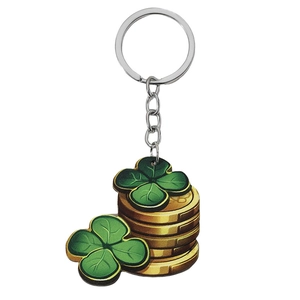 Detail of St. Patrick's Day keychain featuring green clovers and gold coins