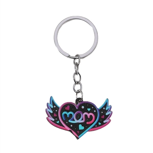 Detail of heart-shaped MAMA keychain with colorful wings and gradient mom lettering
