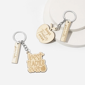 Wooden keychain set with apple and ruler shapes for Teacher Appreciation gift