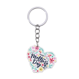 Detailed view of heart-shaped Mother's Day keychain with colorful floral patterns