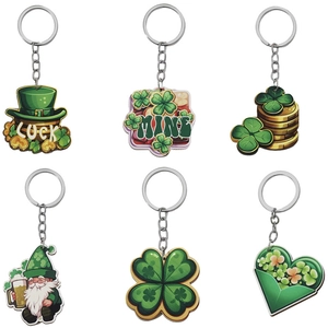 St Patrick's Day Wood Keychain Green Shamrock Leprechaun Gnome Luck Clover Keychain For Irish Festival Party Favors Gift Wood Hanging Ornament