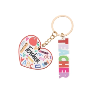 Porte-clés cœur en bois Best Teacher avec motifs scolaires colorés et anneau doré