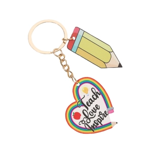 Rainbow pencil teacher keychain with heart pendant featuring Teach Love Inspire text