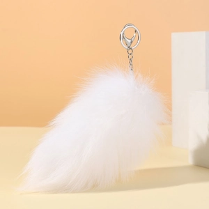Extra large fluffy white faux fur fox tail keychain with silver metal lobster clasp