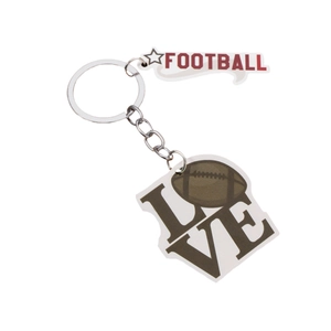 American football themed wooden keychain featuring red Football and brown Love text
