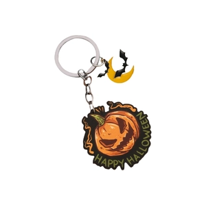 Happy Halloween keychain featuring pumpkin, moon and bat elements in vibrant orange and black