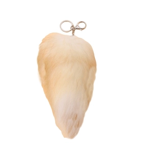 Oversized fluffy faux fur fox tail keychain with silver metal lobster clasp in beige