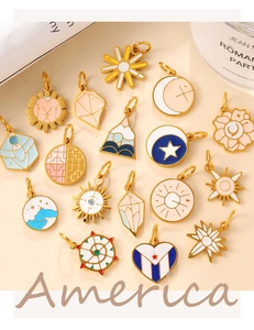 Detail of colorful enamel sun and moon charms for DIY jewelry making in gold plating