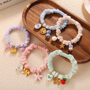 Women Macaron Pleated Fabric Scrunchies With Alloy Ceramic Charms Stainless Steel Pendant Hair Tie Bracelet Fashion Jewelry
