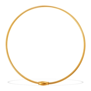 Minimalist golden snake chain necklace with a cylindrical clasp and smooth metal texture