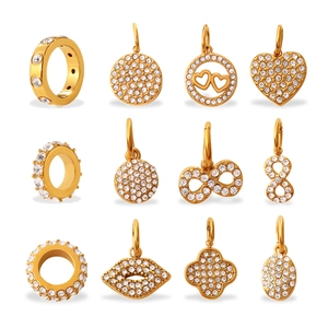 Set of 12 gold plated charm pendants with sparkling rhinestones in heart and circle shapes