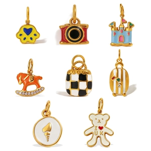 Set of 8 colorful enamel charms including castle, rocking horse and luggage for DIY jewelry