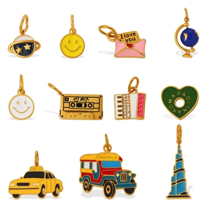 Set of 11 assorted enamel alloy pendants featuring colorful city and travel icons
