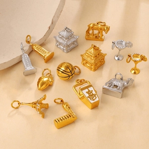 Stainless Steel Gold Silver Plated 3D Architecture Eiffel Tower Wolf Pavilion Heart Basketball Cocktail Glass Pendants For DIY Jewelry Making