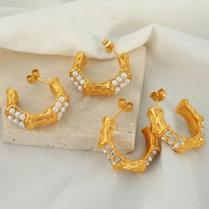 Vintage Stainless Steel Bamboo Joint C Shaped Earrings With Imitation Artificial Pearl Rhinestone Inlaid Elegant Ear Jewelry For Women