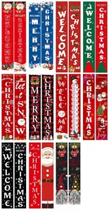 Detailed view of Christmas porch banners featuring Santa, snowman and gnome patterns