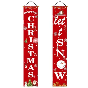 Red Merry Christmas and Let It Snow porch banners with Santa and snowman prints