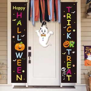 Halloween Porch Banner Set Trick Or Treat Pumpkin Skeleton Outdoor Hanging Decorative Banner For Front Door Party Decor
