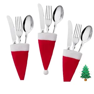Christmas Mini Hat Silverware Holder Non-woven Fabric Knife Fork Pocket For Dining Table Party Decor Red White Xmas Cap