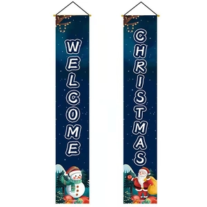 Christmas welcome banner set with snowman and Santa illustrations on blue snowflake background