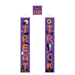 Halloween Trick or Treat porch banners in purple with cartoon witch and pumpkin graphics