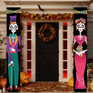 Halloween Day of the Dead porch banners with colorful Mexican Calavera skull designs