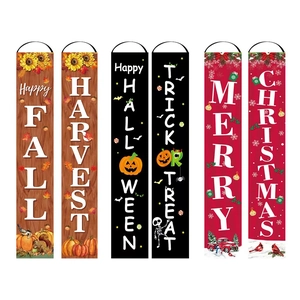 Three-set seasonal porch banners featuring Fall, Halloween, and Christmas holiday designs