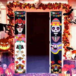 Detail of Día de los Muertos door banners with Catrina and skeleton motifs for porch decor