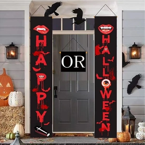 Three-piece Halloween porch banner set with vampire lips, bats, and bloody art design