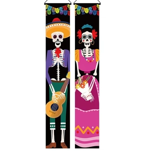 Vibrant Day of the Dead door banners featuring traditional male and female skeleton figures
