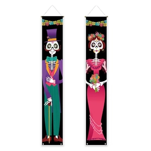 Day of the Dead porch banners with colorful skeleton characters for Halloween decoration