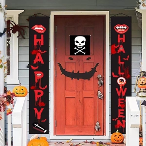 Halloween front door banners set with bloody Happy Halloween text and vampire motifs