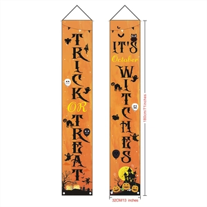 Detail of Halloween door banners featuring pumpkin, ghost, and castle festive patterns