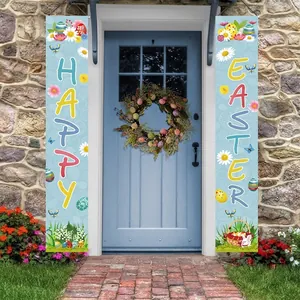 Easter Porch Sign Banner Happy Easter Welcome Decorative Door Couplet With Oxford Cloth Bunny Egg Pattern For Home Party Decoration