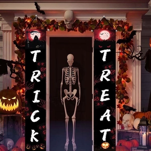 Halloween Trick or Treat porch banners with skull and pumpkin design for door decor