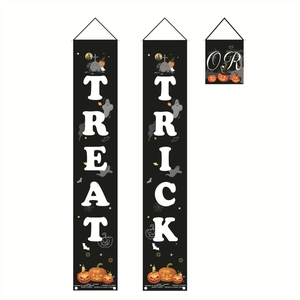 Halloween Trick or Treat porch banners with pumpkin and ghost icons for home party decor