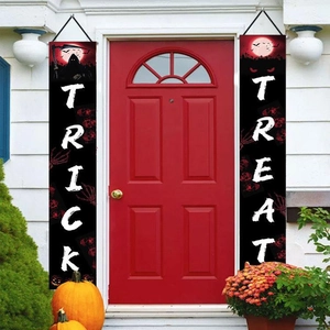 Halloween Trick or Treat door banners with blood moon and reaper design on a red door