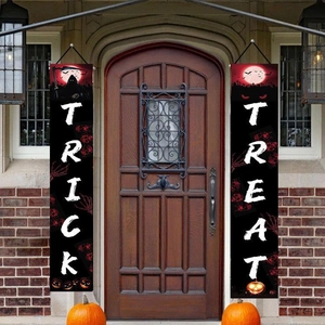 Halloween Trick or Treat porch banners with ghosts and pumpkins on red brick background