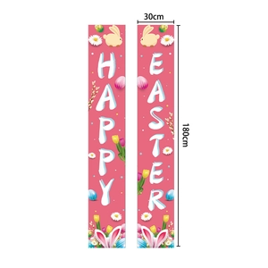 Pink Happy Easter porch banners with bunny and colorful eggs decoration, 30x180cm size