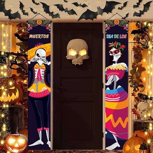 Dia de los Muertos banners featuring Calavera skeletons on a wooden door backdrop