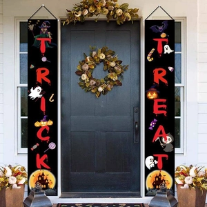 Halloween Trick or Treat door banners with vintage witch, pumpkin, and ghost designs