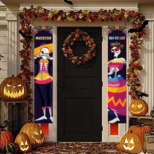 Dia de los Muertos porch banners with colorful skeleton designs for Mexican party decor