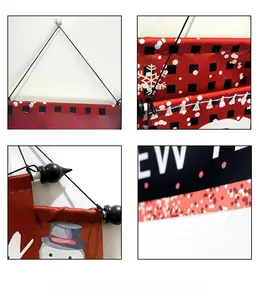 Detailed views of Christmas polyester banner with snowman pattern, rod, and hanging rope