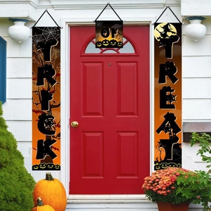 Detailed porch view of Trick or Treat Halloween banners with classic pumpkin motifs
