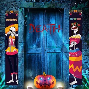 Dia de los Muertos banners featuring traditional skeleton figures for festive door decoration