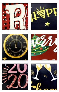 Close-up of polyester Christmas banner with Merry Christmas and Happy New Year motifs