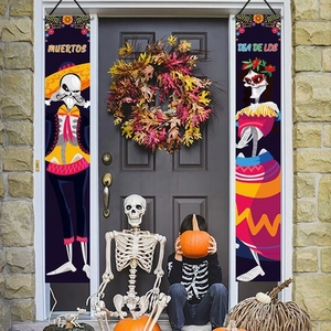 Day of the Dead porch banners with colorful skeletons and festive floral decorations