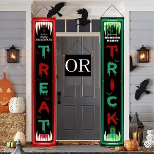 Ensemble de Bannières de Porche d'Halloween Trick Or Treat Motif Citrouille Monstre Drapeaux Suspendus en Polyester pour Décoration de Fête