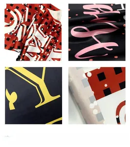 Detailed views of four printed polyester Christmas banners with various plaid and dot patterns